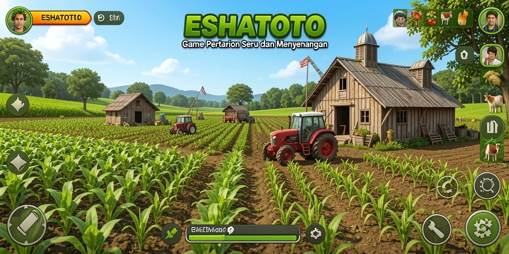 Tangkapan layar gameplay <strong>ESHATOTO</strong> menampilkan ladang pertanian yang subur dan beragam tanaman.