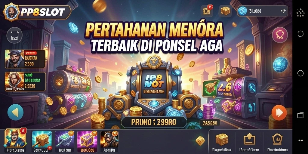 Tampilan gameplay menarik dari PP8SLOT dengan menara yang strategis.