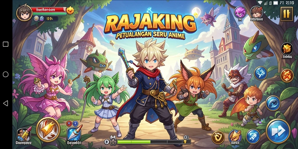 Tangkapan layar gameplay RAJAKING menampilkan pertarungan karakter anime yang mendebarkan.