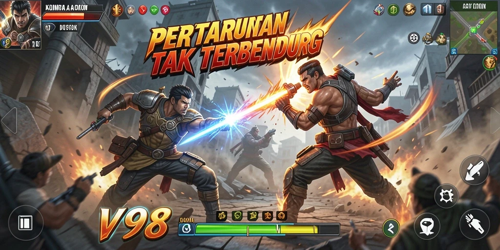 Screenshot gameplay V98 menunjukkan aksi pertarungan yang seru.