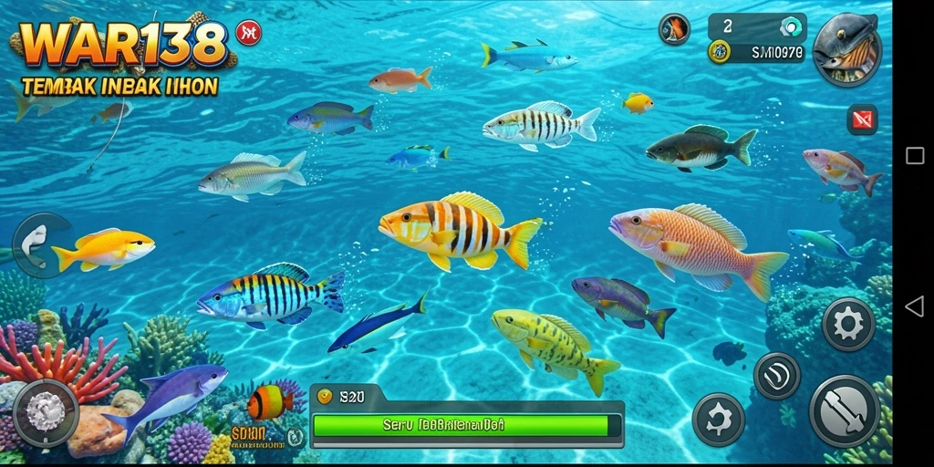 Screenshot utama WAR138 menampilkan aksi seru menangkap ikan.